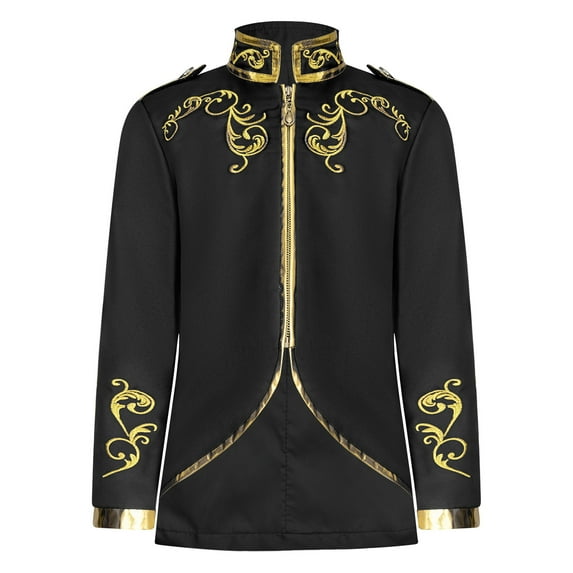 dPois Kids Boys Palace Prince Gold Embroidered Jacket Coat Halloween Long Sleeve Court Uniform Black 145