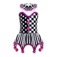 thumbnail image 1 of dPois Kids Girls Circus Clown Joker Costume Halloween Cosplay Striped Sequins Pompoms Adorned Leotard Black&Rose 4, 1 of 7