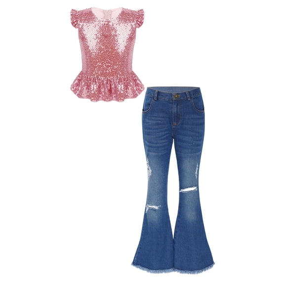 dPois Kids Girls Clothes Sequins Mermaid Flutter Sleeve Shirt Top with Flare Leg Jeans Pants Set 2Pcs Pink 4