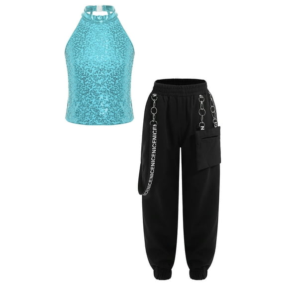 dPois Kids Girls Jazz Street Hip Hop Dance Outfits Halter Sleeveless Backless Sequin Crop Top + Cargo Light Blue 8