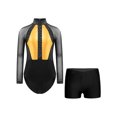 thumbnail image 1 of dPois Kids Girls Leotard with Shorts Gymnastics Outfits Ballet Dance Costume Long Sleeve Rhinestones Gold&Black 12, 1 of 5