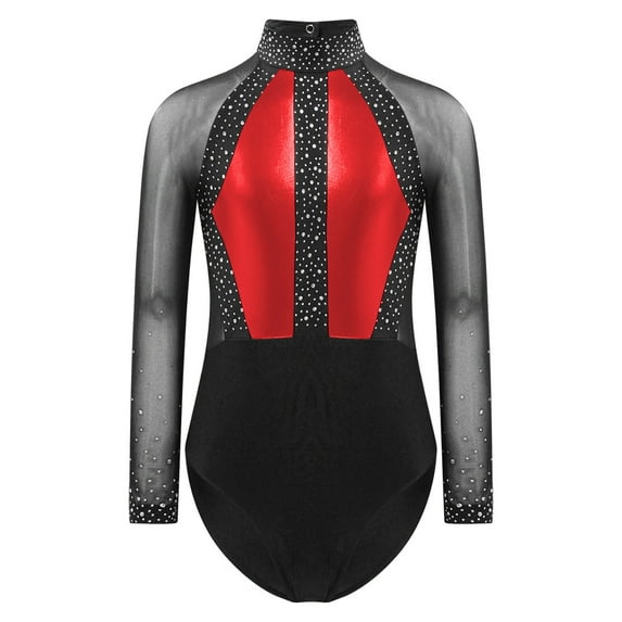 dPois Kids Girls Rhinestone Long Sleeve Gymnastics Leotard Ballet Dance Unitard Bodysuit Dance Suit Red 16