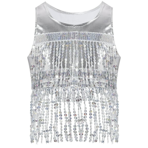 dPois Kids Girls Sequin Crop Top Metallic Sleeveless Tassel Clothes Tank Top Hip Hop Jazz Latin Dance Silver XS