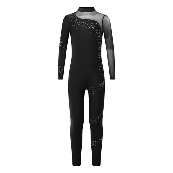 dPois Kids Girls Sequins Mock Neck Gymnastics Leotard Jumpsuit One Piece Bodysuit Dancing Skating Black 8