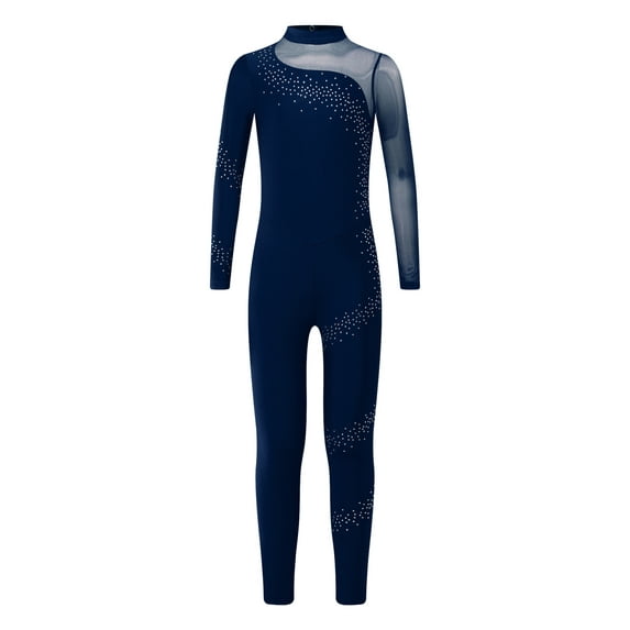 dPois Kids Girls Sequins Mock Neck Gymnastics Leotard Jumpsuit One Piece Bodysuit Dancing Skating Navy Blue 12
