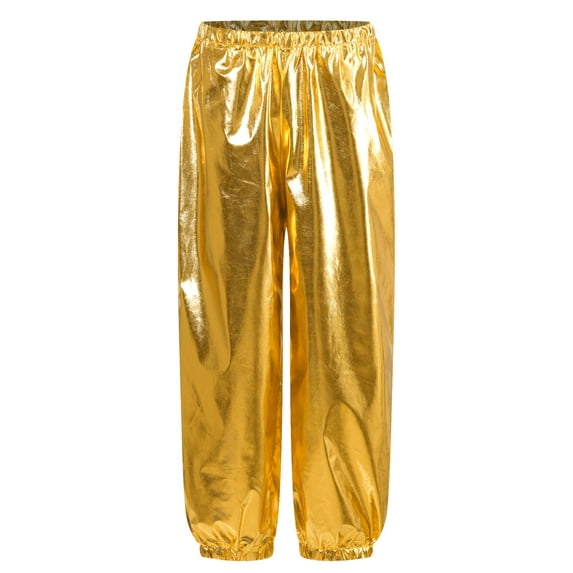 dPois Kids Girls Shiny Metallic Harem Pants Modern Jazz Hip Hop Street Dance Trousers Gym Athletic Gold 130