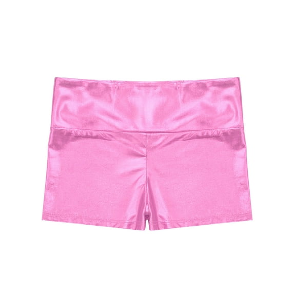 dPois Kids Girls Sparkly Tumbling Dance Outfit Long Sleeve Gymnastics Leotard with Metallic Shorts Pink 14