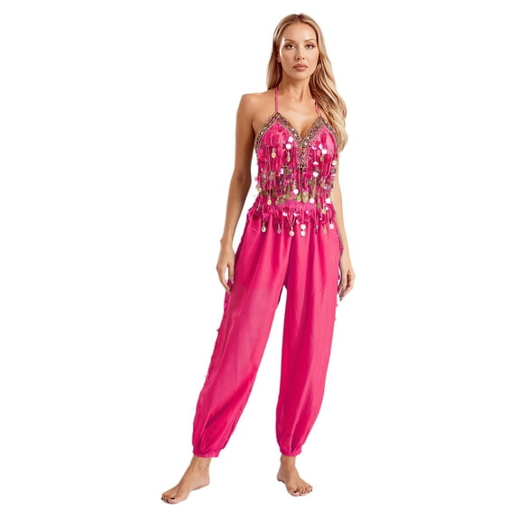 dPois Ladies Shiny Sequin Tassels Bra Top with Harem Pants Indian Belly Dance Outfit Set Hot Pink One Size