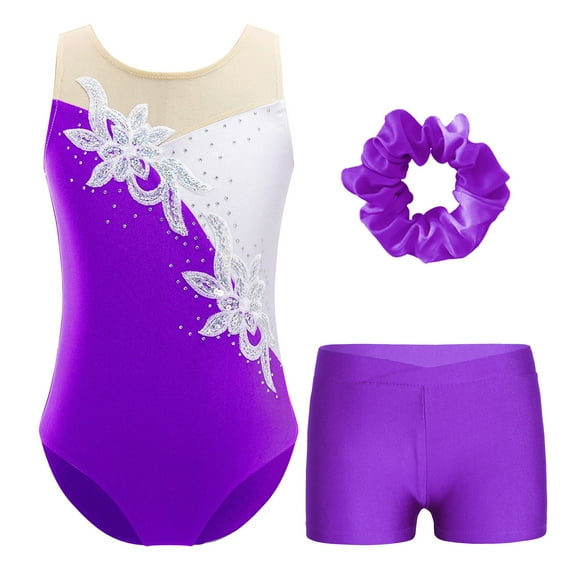 dPois Girls Gymnastics Leotards Rhinestone Ballet Dance Bodysuit Purple 8