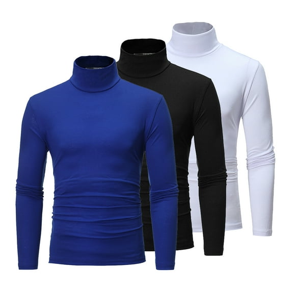 dPois Men's 3 Pcs Slim Fit Mock Turtleneck Pullover Casual Basic Thermal Undershirt Black&Royal Blue&White 3XL