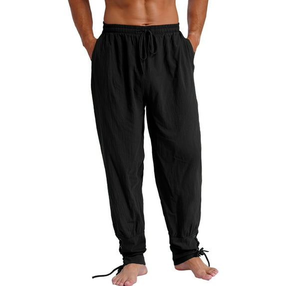 dPois Men's Ankle Banded Cuff Renaissance Pants Medieval Viking Navigator Trousers with Drawstrings Black S