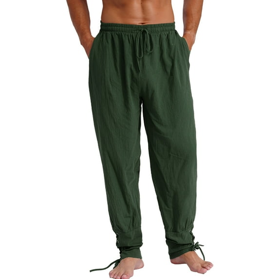 dPois Men's Ankle Banded Cuff Renaissance Pants Medieval Viking Navigator Trousers with Drawstrings Green M