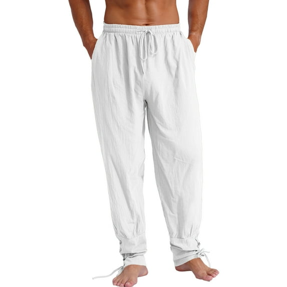 dPois Men's Ankle Banded Cuff Renaissance Pants Medieval Viking Navigator Trousers with Drawstrings White L