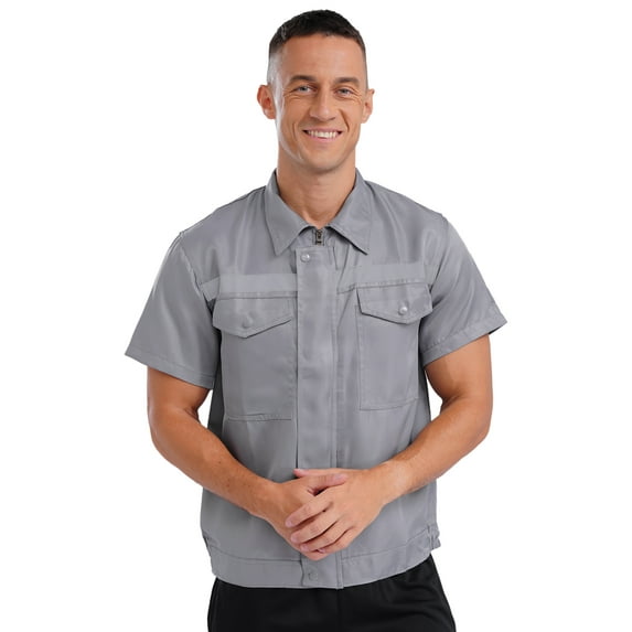 dPois Men's Work Shirt Reflective Short Sleeve High Visibility Jacket Gray 180/XXL