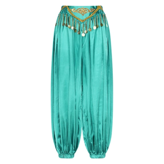 dPois Women Belly Dance Costume Pants Satin Shiny Harem Pants Baggy Tribal Arabic Halloween Trousers A Peacock Blue One Size
