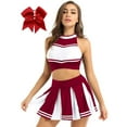 thumbnail image 1 of dPois Women Schoolgirls Cheerleading Costume Sleeveless Crop Top Mini Pleated Skirt Bowknot Headwear Wine Red XXL, 1 of 7