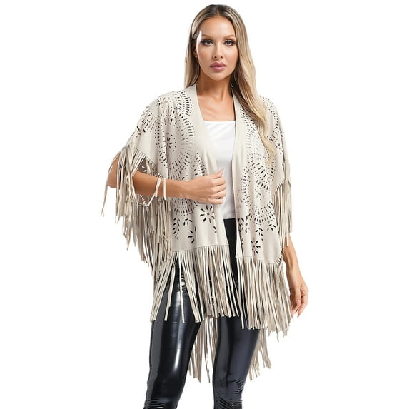 dPois Women's Faux Suede Cut Out Triangle Stoles Cape Kimono Long Cardigan Shrug Scarf With Tassel Ivory One Size
