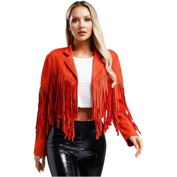 dPois Women's Fringe Faux Suede Leather Jackets Fashion Cowgirl Tassel Motorcycle Cropped Coats Brick Red S