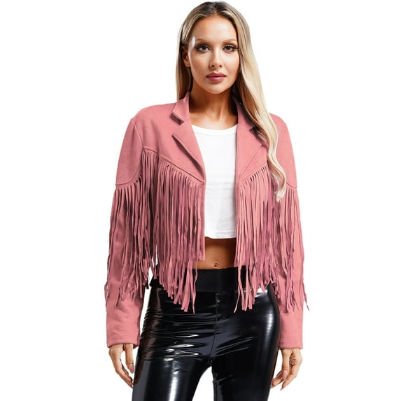 dPois Women's Fringe Faux Suede Leather Jackets Fashion Cowgirl Tassel Motorcycle Cropped Coats Dusty Pink S