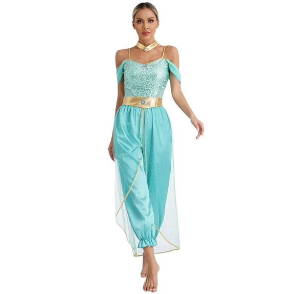 dPois Womens Arabian Princess Belly Dance Party Romper Suits Halloween Cosplay India Deluxe Fancy Turquoise S