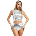 thumbnail image 1 of dPois Womens Metallic Sleeveless Mock Neck Crop Tank Tops with Shiny Booty Shorts for Dance Music Silver L, 1 of 6