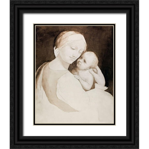 da Vinci, Leonardo 26x32 Black Ornate Wood Framed with Double Matting Museum Art Print Titled - Madonna and Child-and Fragment of Woman’s Torso