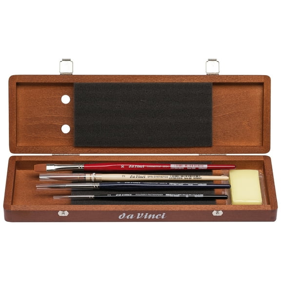 da Vinci Watercolor Brush Set, Watercolor, Assorted, 4 Brush Set in Walnut Box with Soap