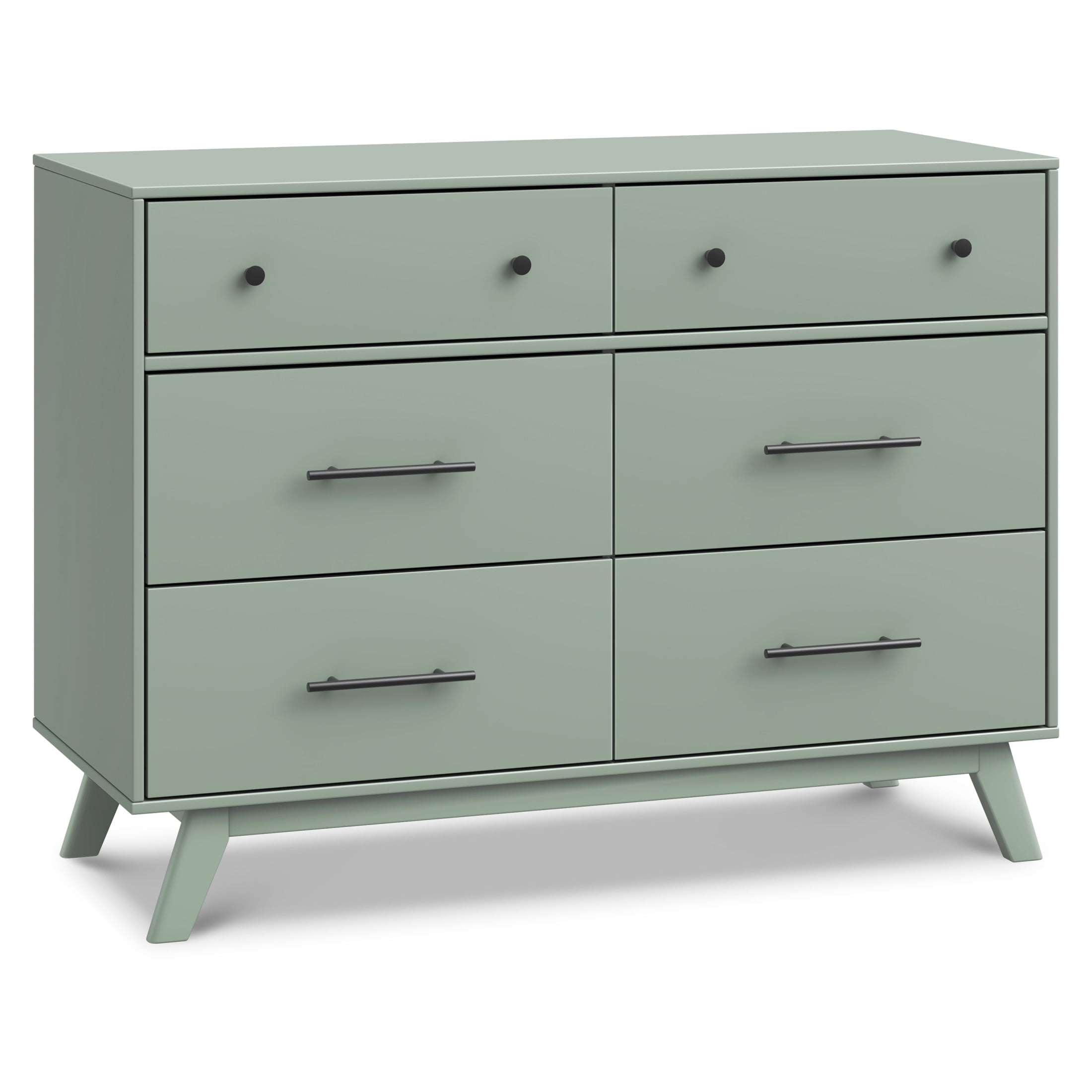 Light Sage Pine Mid-Century Modern 6-Drawer Double Dresser