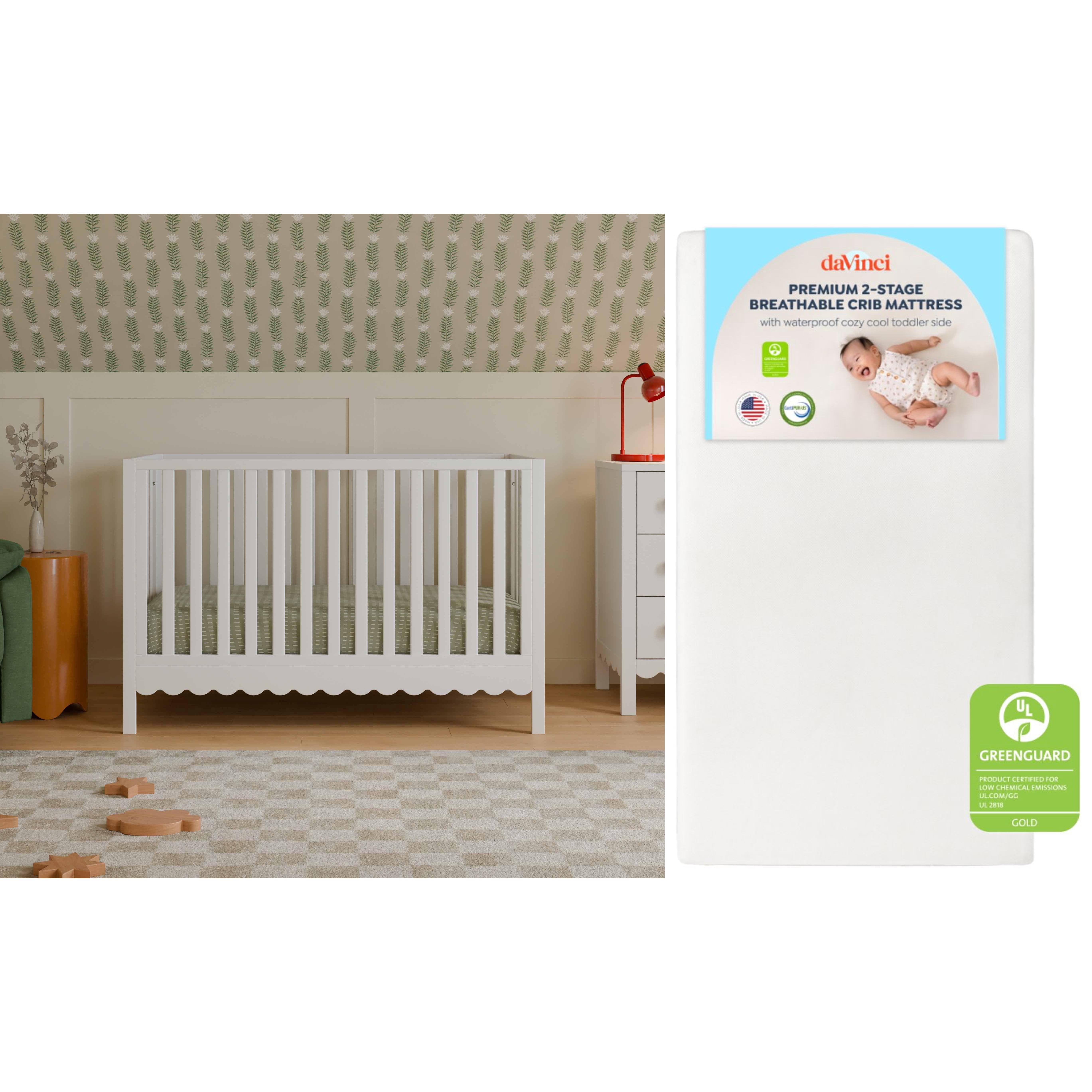 daVinci Sammy Scallop 4 in 1 Convertible Crib, White + Premium 2-Stage Breathable Crib Mattress