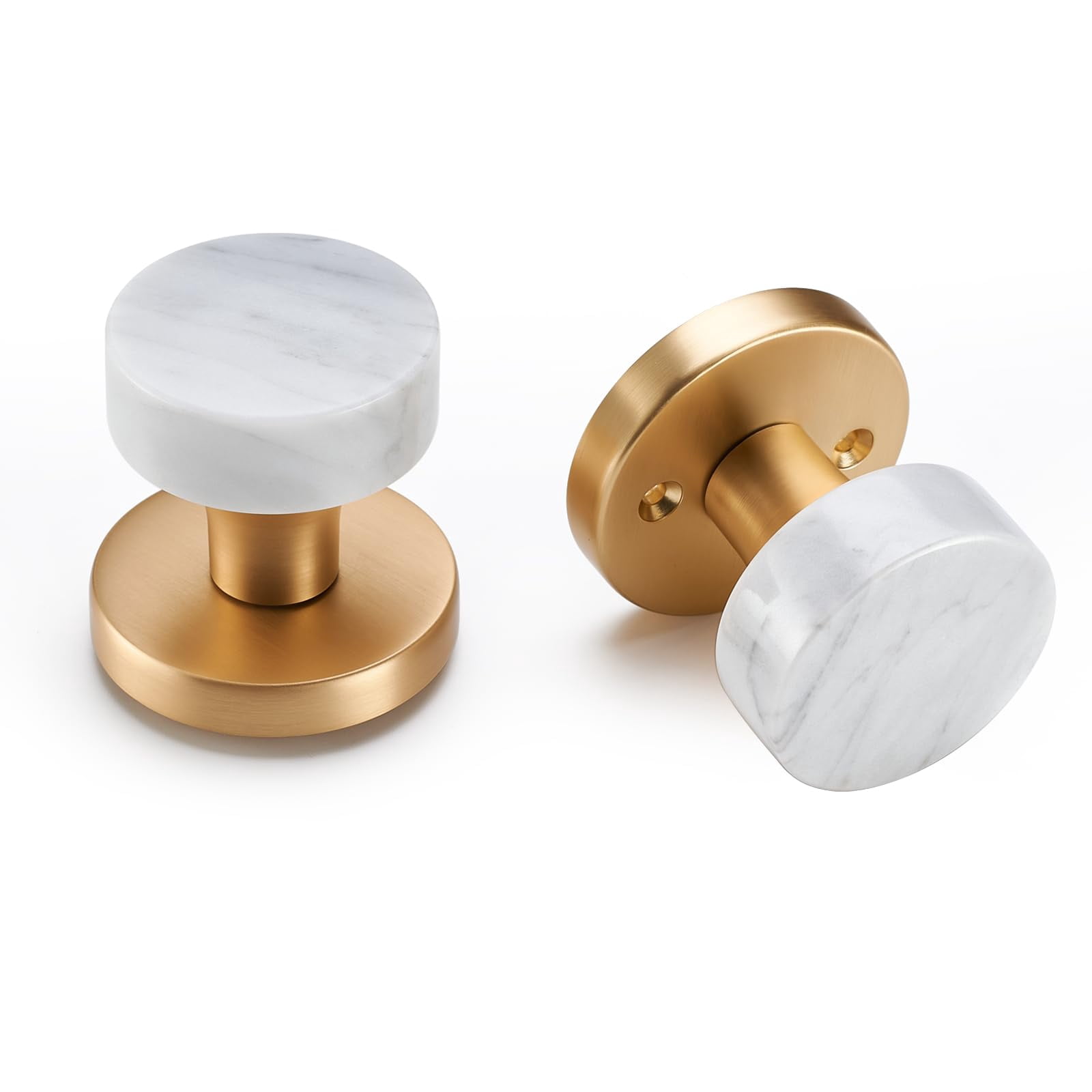 Marble & Brass Passage Door Knob - White Marble With Brushed Brass Base, Modern Interior Hallway Closet Handle