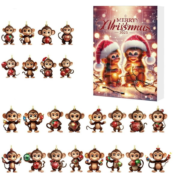 dajkiuy 2025 Monkey Christmas Advent Calendar, 24-Day Christmas Countdown Calendar, Acrylic Monkey Pendants Set, Christmas Tree Decorations for Holiday Festival Party Supplies