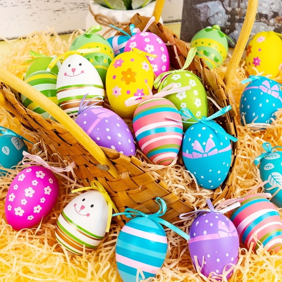 dajkiuy 24Pcs Plastic Easter Eggs, Hangable Painted Egg Decorations for Party, Home Holiday Decor, Spring Ornament for Tree, Centerpiece Filler, Easter Basket Filler