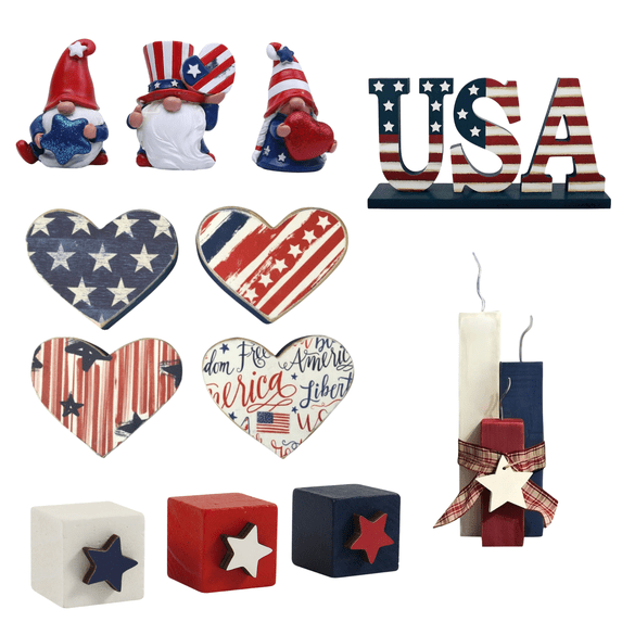 dajkiuy 3Pcs 4th of July Wooden Star Signs Decorations, Patriotic Memorial Day Tiered Tray Decor, Red White and Blue Decoration for Home Office Table Shelf