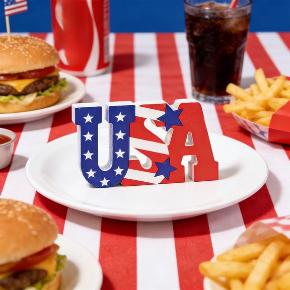 dajkiuy 4th of July Patriotic Table Sign, Wooden Memorial Day Red White and Blue Table Centerpieces Farmhouse Wood Block Sign for Home Kitchen Party Desk Shelf