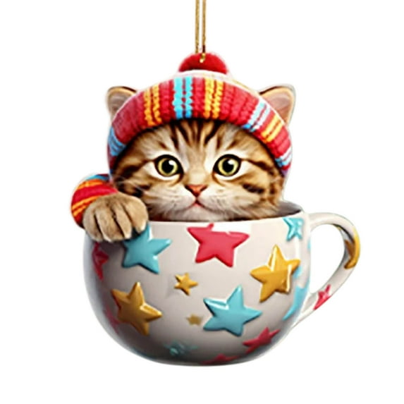 dajkiuy Acrylic Cat Ornaments for Christmas Tree, Cute Little Cat in Christmas Cup Christmas Ornaments for Indoor Home/Party/Mantel Decor