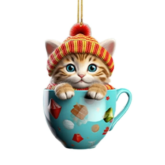 dajkiuy Cat Christmas Ornament, Cute Little Cat in Christmas Cup Christmas Tree Hanging Ornaments for Birthday Gift for Cat Lovers Home Xmas Tree Hanging Decoration