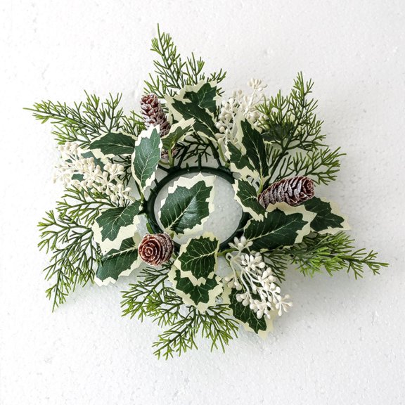 dajkiuy Christmas Candle Rings Wreath, 11" Artificial Berry Pinecones Wreaths Snowy Pine Garland Candle Ring Holder for Christmas Wedding Home Table Centerpiece