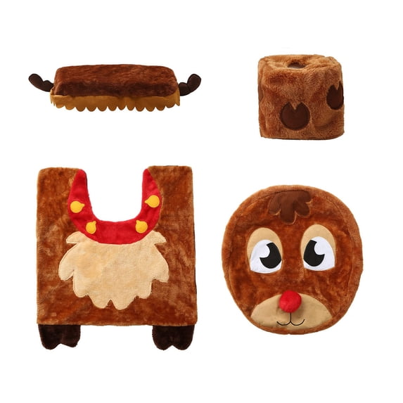 dajkiuy Christmas Toilet Seat Cover Set, 4 Pcs Brown Reindeer Soft Bathroom Toilet Seat Lid Cover Set for Christmas Bathroom Decorations