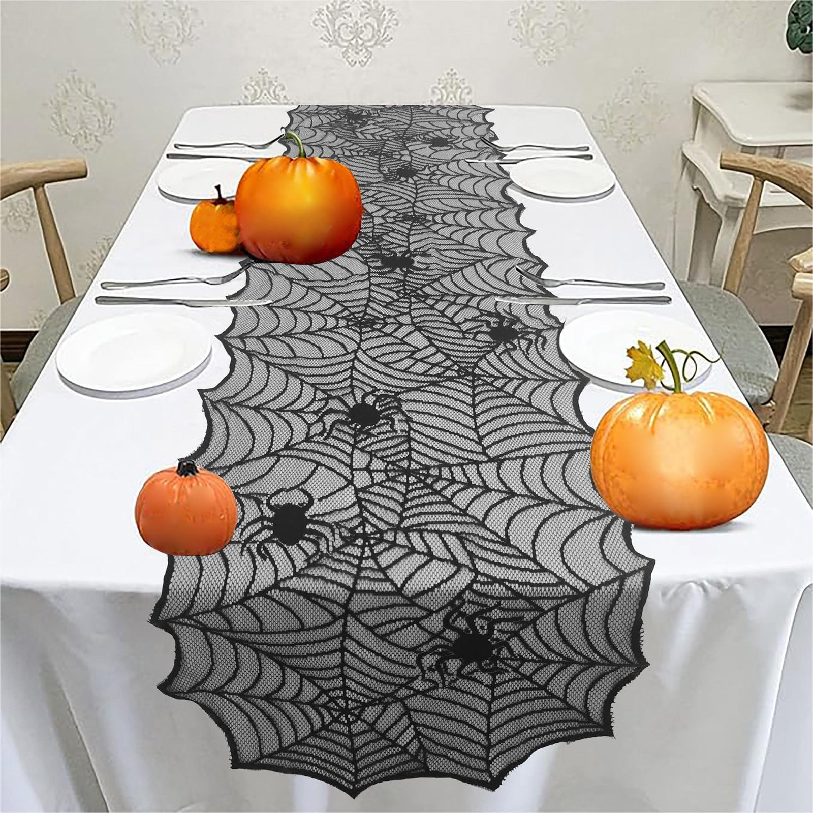 dajkiuy Halloween Table Runner, Black Lace Spider Web Table Runner for ...