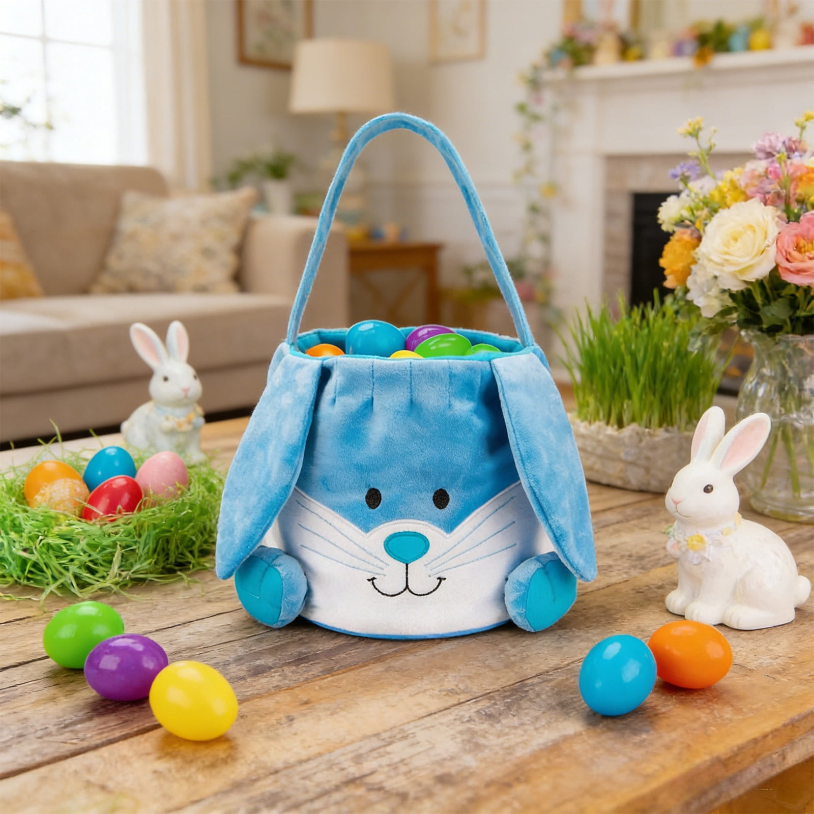 dajkiuy Easter Bunny Basket, Rabbit Bucket Tote with Ears, Cute Egg ...