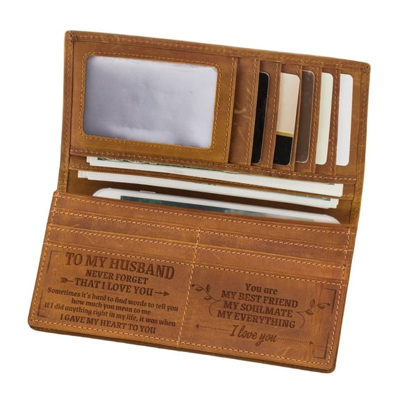 dajkiuy Engraved Leather Wallet for Men, Bifold Long Wallets Gift for Son Husband Boys from Mom Wife (To My Husband)