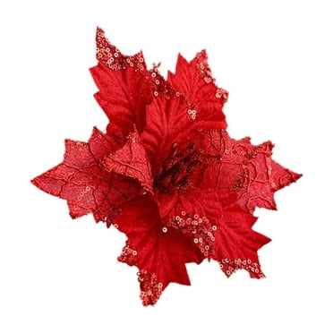 dajkiuy Glitter Poinsettia 9.8" Artificial Flowers Christmas with Clips Stems Xmas Tree Ornaments for Wedding Party Wreath Decoration (Red)