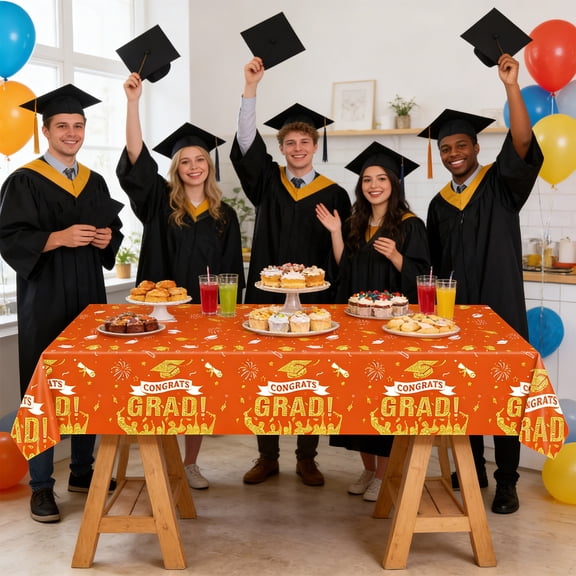dajkiuy Graduation Disposable Table Covers, 54 x108 Inch Plastic Table Cloth for Graduation Party Supplies, Orange