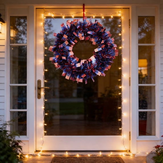 dajkiuy Patriotic Tinsel Wreaths for Front Door, Memorial Day Independence Day Metallic Tinsel Garland for Wall Home Decor