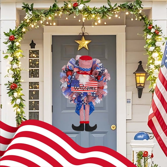 dajkiuy Patriotic Wreath for Front Door, 4th of July Wreaths for Door Wall Memorial Day Decor, Independence Day Hanging Decoration for Outside Home Farmhouse Holiday