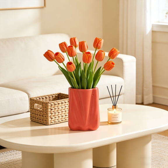 dajkiuy Plastic Vase, Decorative Flower Vase for Kitchen/Office/Living Room/Bookshelf/Mantel, Orange