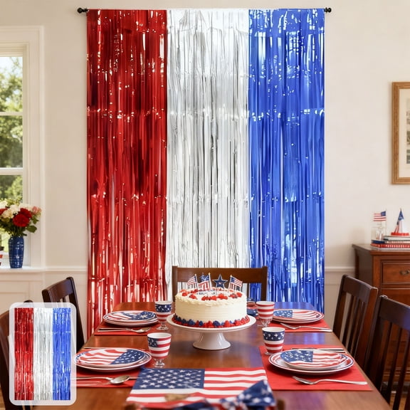 dajkiuy Red White and Blue Foil Fringe Backdrop Curtains, 39.4x78.7 Inch Tinsel Streamers Party Decorations for Independence Day Memorial Day