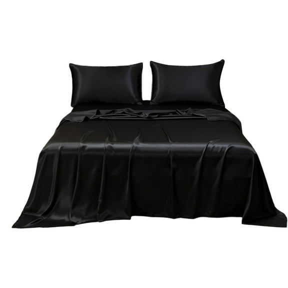 dajkiuy Satin Sheets Full Size Bed Set,Luxury Soft Black Silky Sheet for Hair and Skin,Similar to Silk Bed Sheets Set 4 Pieces with 1 Deep Pocket Fitted Sheet,1 Flat Sheet,and 2 Pillowcases(Size L)