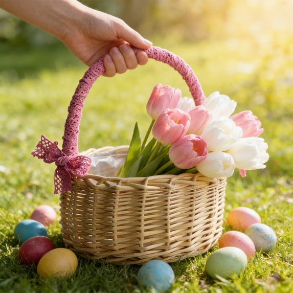 dajkiuy Small Wicker Basket with Handle, Handwoven Rattan Gift Basket for Easter Garden Storage Home Decor Wedding Engagement