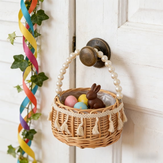 dajkiuy Small Wicker Basket with Pearl Handle, Handwoven Rattan Gift Basket for Easter Weddings Home Garden Decor